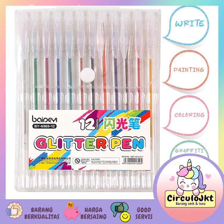 

12pcs/ 1 Pak Pulpen Gel Warna Glitter / Glitter Pen 12 Warna