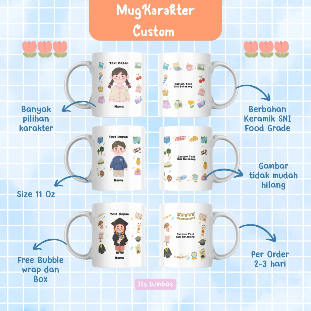 MUG GELAS CUSTOM / MUG KARAKTER NAMA / MUG WISUDA / MUG AESTHETIC