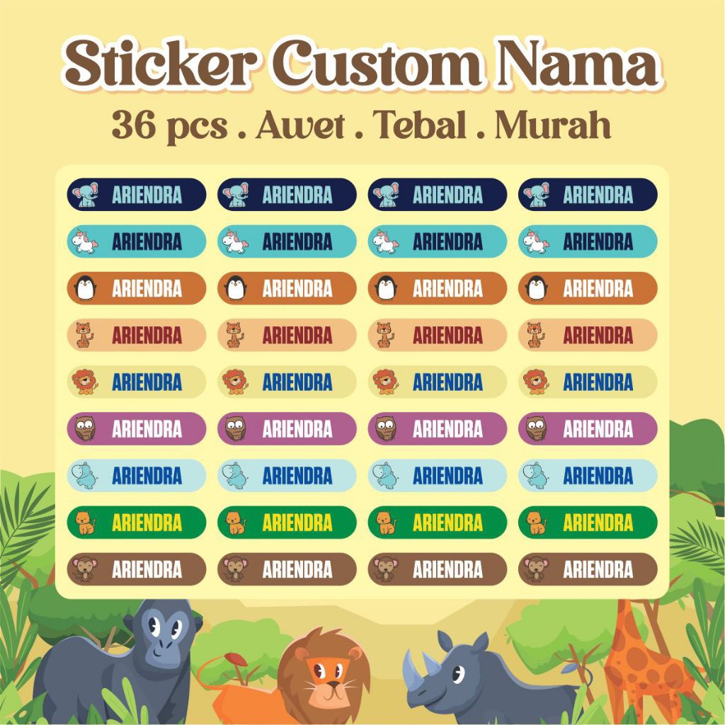 

Stiker Custom Nama Anak edisi Hewan buat perabotan alat sekolah piring sendok gelas waterproof timbul anti luntur awet