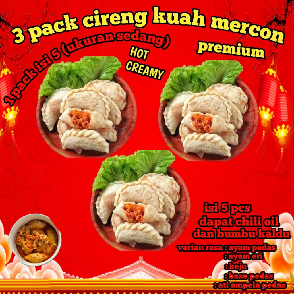 

3 pack cireng mercon premium isi ayam suwir pedas/cireng ati ampela pedas/ cireng kehu Mozzarella/cireng baso pedas/cireng ayam original