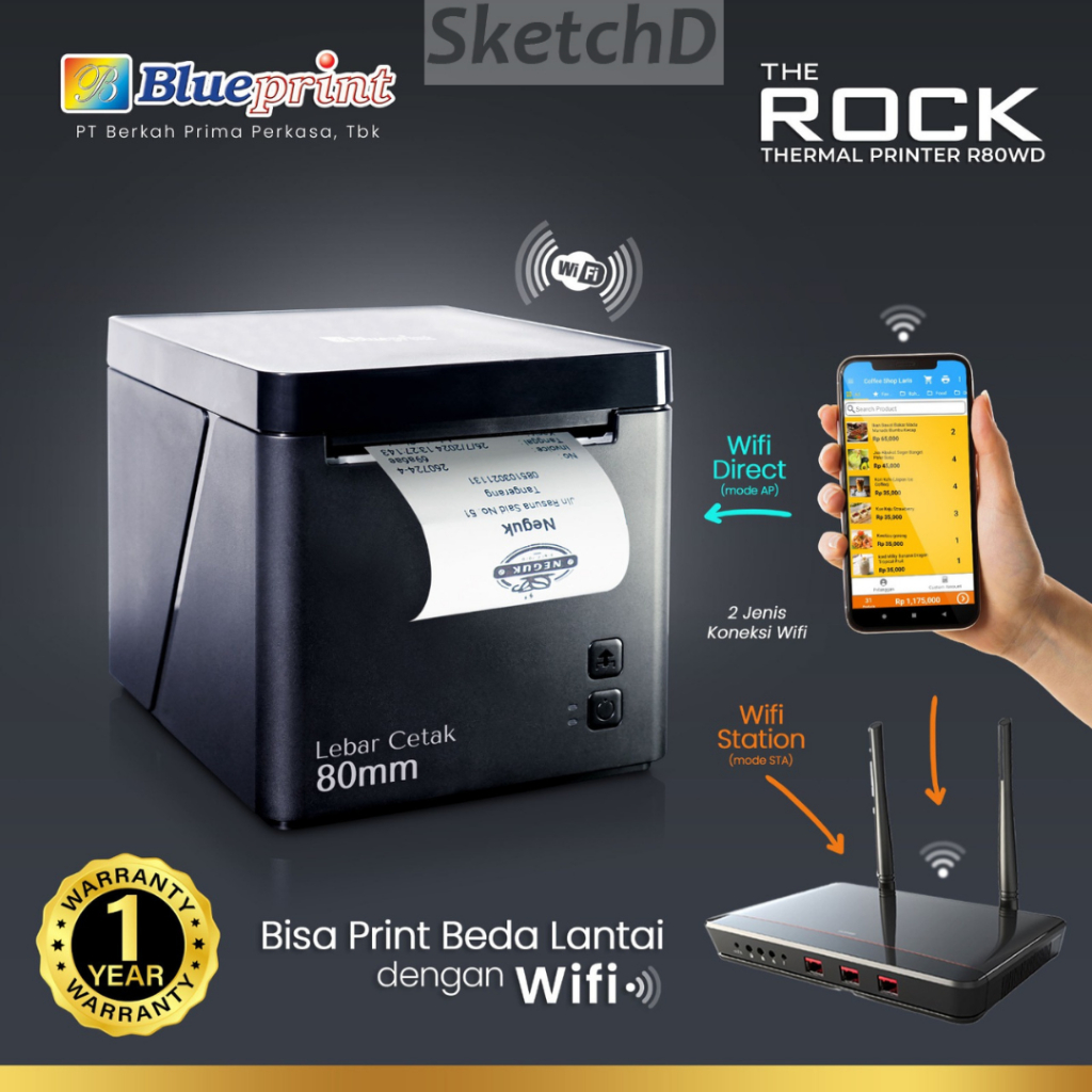 Printer Struk Kertas Kasir Thermal R80WD Blueprint Desktop Printer WIFI - Bluetooth - USB