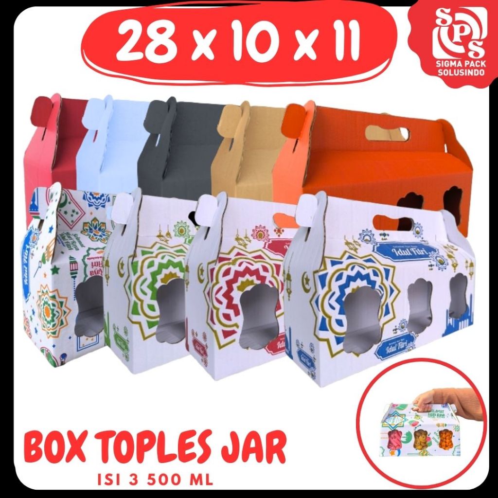 

Box Kue Kering 28x10x11 Jinjing (KUKER TOPLES JAR 500ml ISI 3) Kardus Lebaran Idul Fitri Hampers