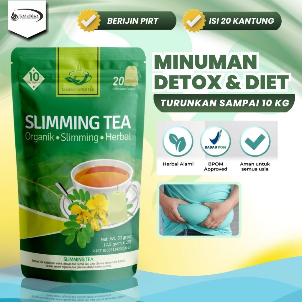 

Minuman Diet dan Detox Slimming Tea Tazakka isi 20 Kantung Teh Celup sudah izin Resmi dan AMAN