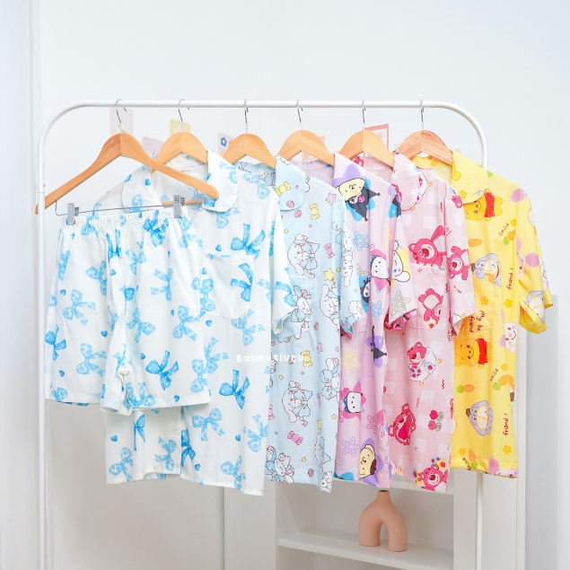 BALMUTLUCU | Piyama Katun One Set Atasan Lengan Pendek Celana Pendek | Baju Tidur Wanita Dewasa Sete