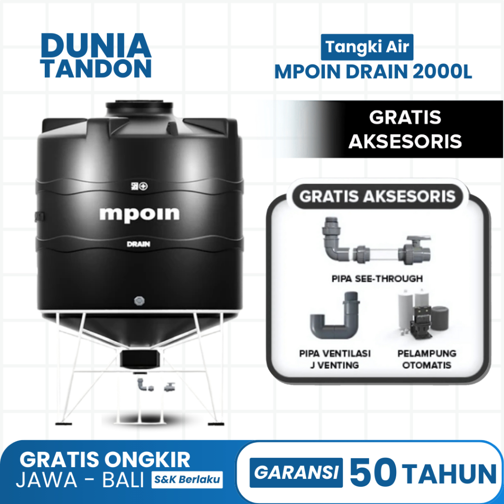 MPOIN Tangki Tandon Toren Air Drain 2000 Anti Bakteri Anti Lumut Toren Mponi 2000 liter
