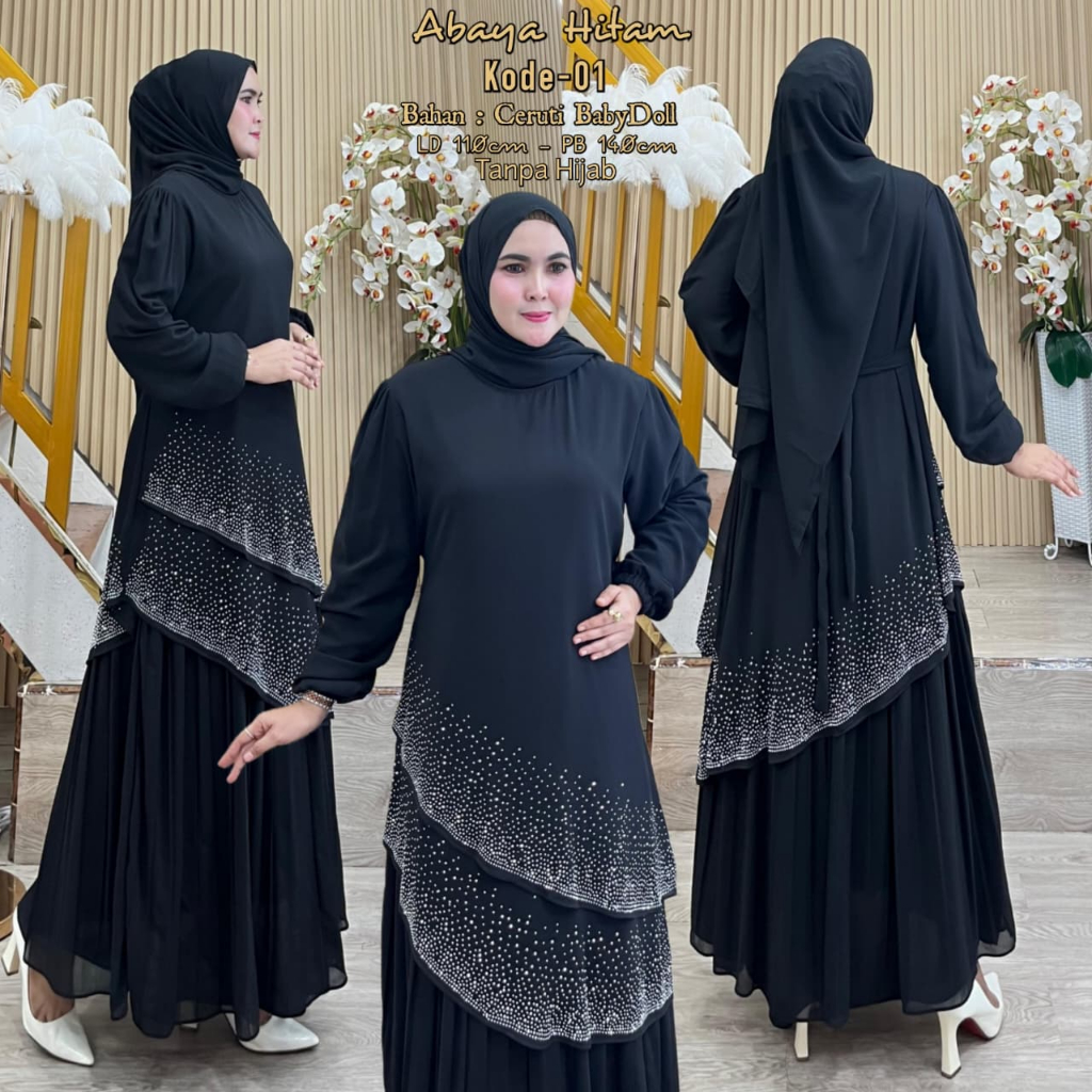 Gamis Abaya Hitam AJEZAS Payet Press Mutiara Mewah Muslim Kode ABAYA-1 By Ajezas