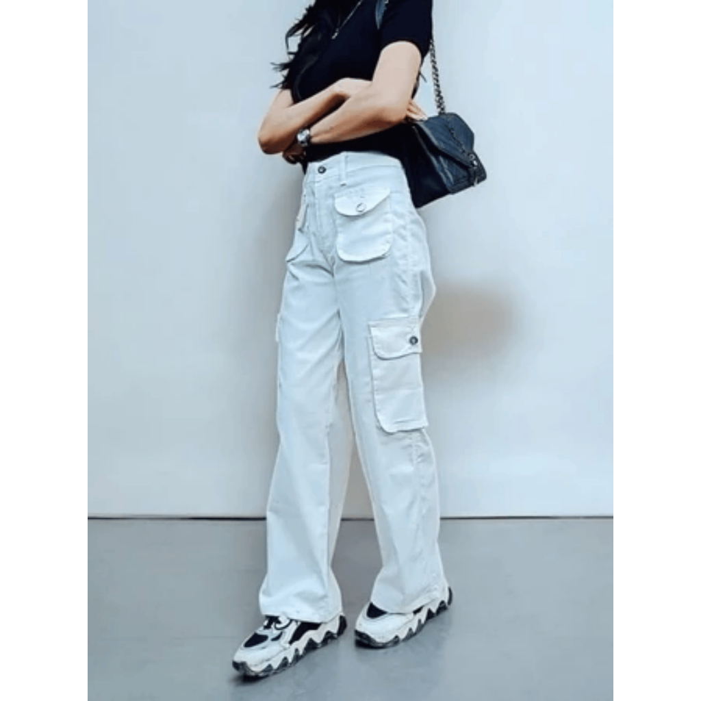 Celana Cargo Highwaist Wanita - Celana Cargo Denim Pasir Putih New - Celana Cargo Wanita - Cargo Jea