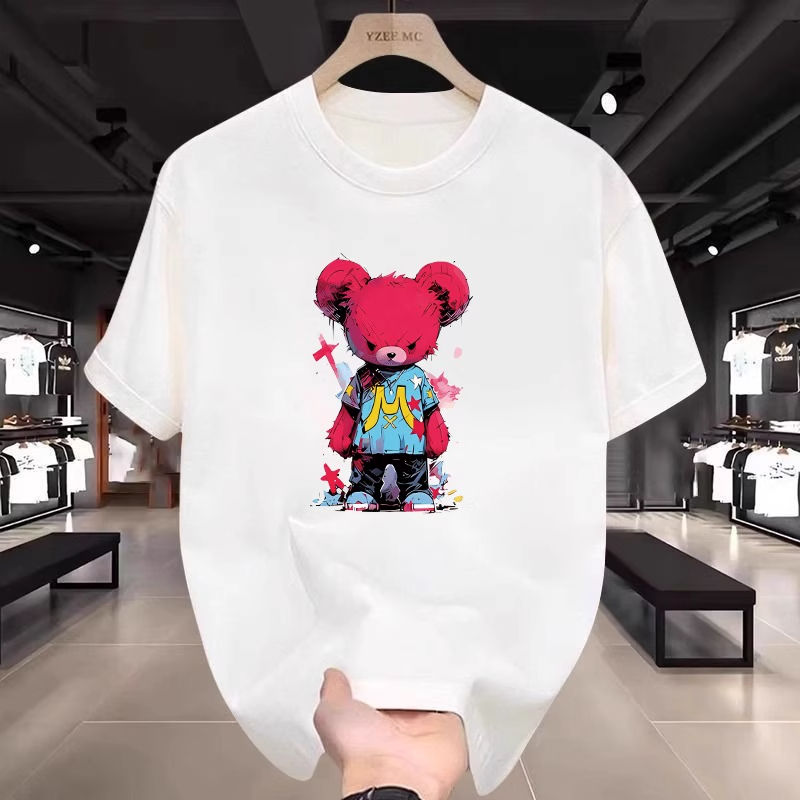 Baju Kaos Polos Gaya Amerika Trendy dengan Motif Beruang Merah