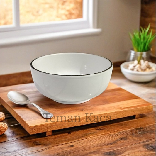Mangkok Keramik Putih List Hitam Diameter 14cm | Mangkok Makan Serbaguna | Mangkok Soto & Bakmie