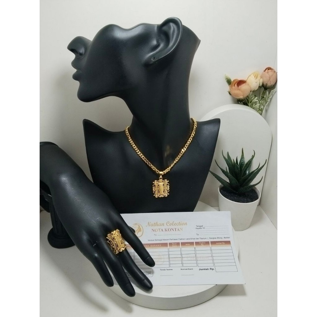 NathanCollection -Set Kalung cincin Ukir Lapis Emas 24k Perhisan Aksesoris Fhasion Wanita Free Kotak