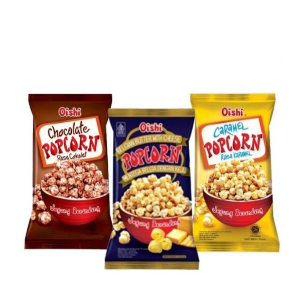 

snack Rencengan oishi caramel Popcron rasa karamel &Belgian mentega with keju&Coklat