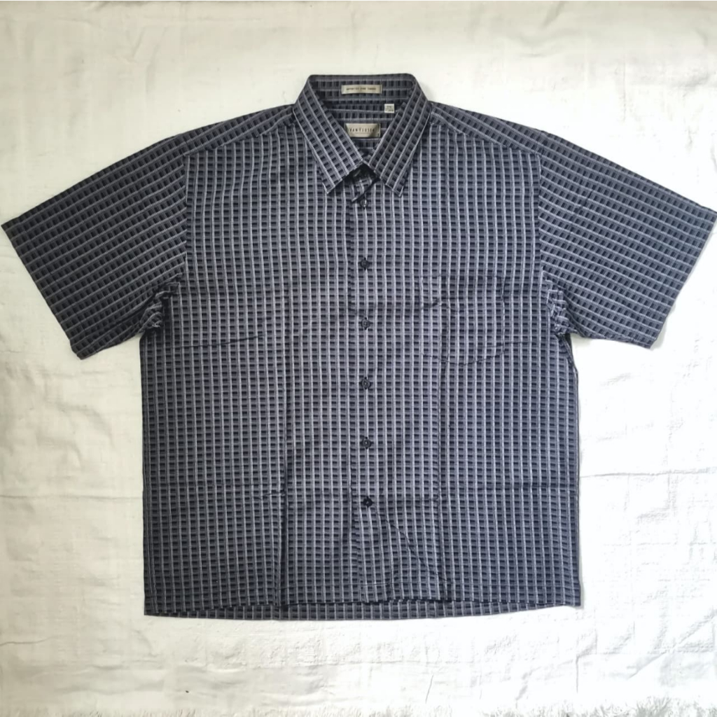Kemeja Lengan Pendek Van Heusen Biru Tua Kotak-kotak 17.5 Preloved