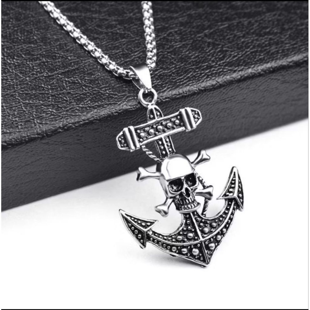 Kalung Titanium Pria Wanita Model Punk Liontin Jangkar Tengkorak Silver Anti Karat Viral