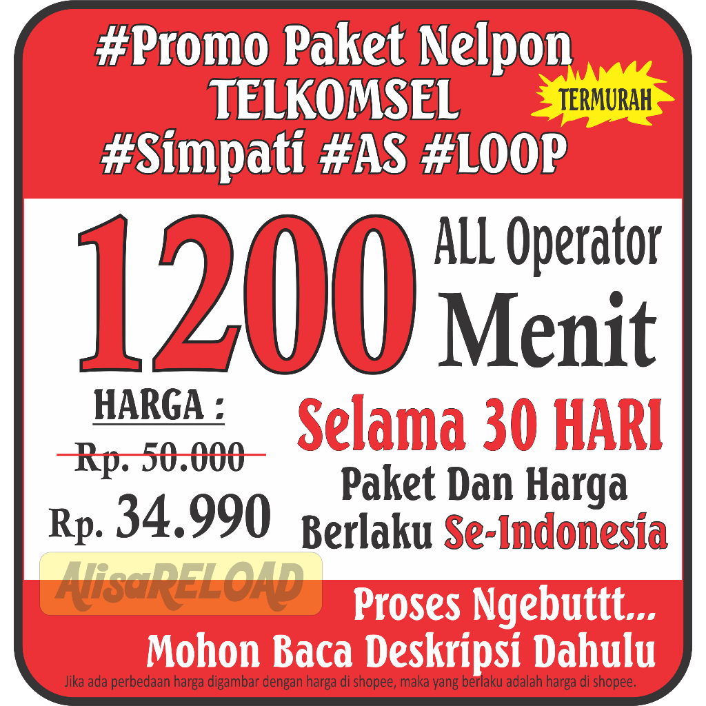AlisaReload - Isi Ulang Paket Nelpon Telkomsel SEMUA OPERATOR 1100 MENIT 30 HARI ( Telpon Bulanan )