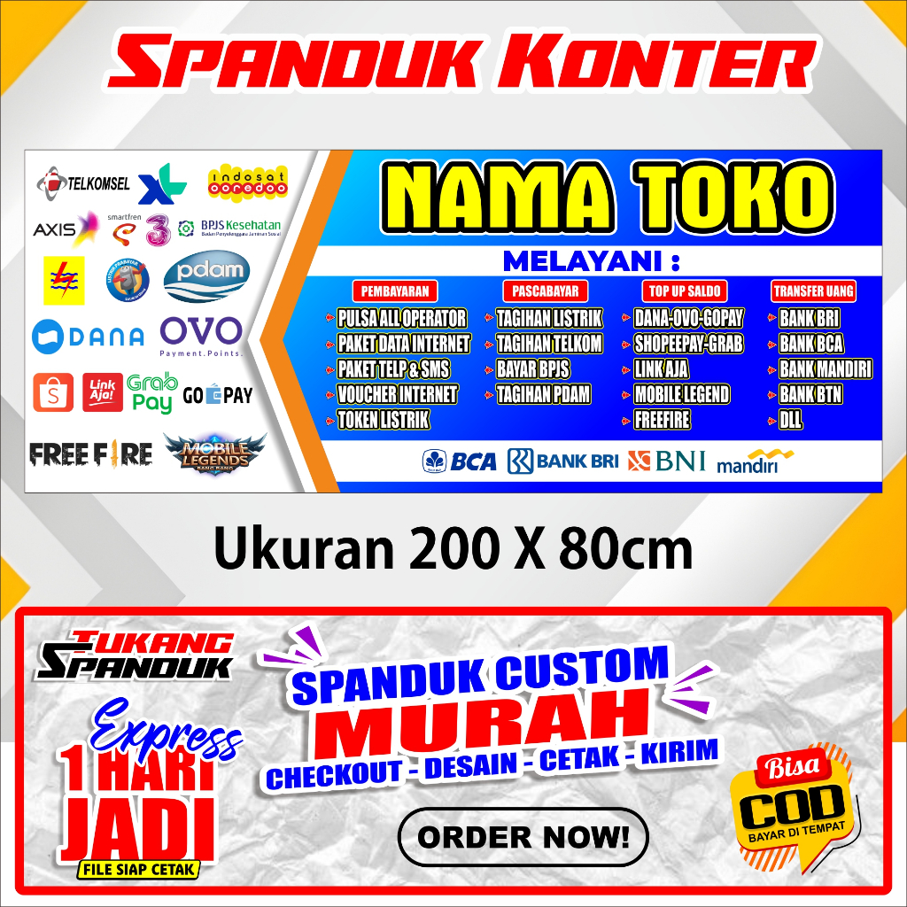 Banner KONTER HP / PULSA, Spanduk KONTER HP / PULSA, ukuran 200x80 cm. COD