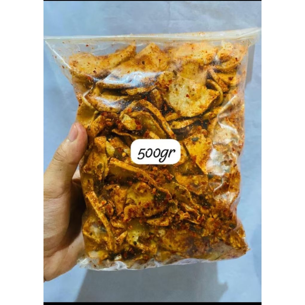

keripik basreng koin bumbu cikruh pedas daun jeruk kemasan 500gr