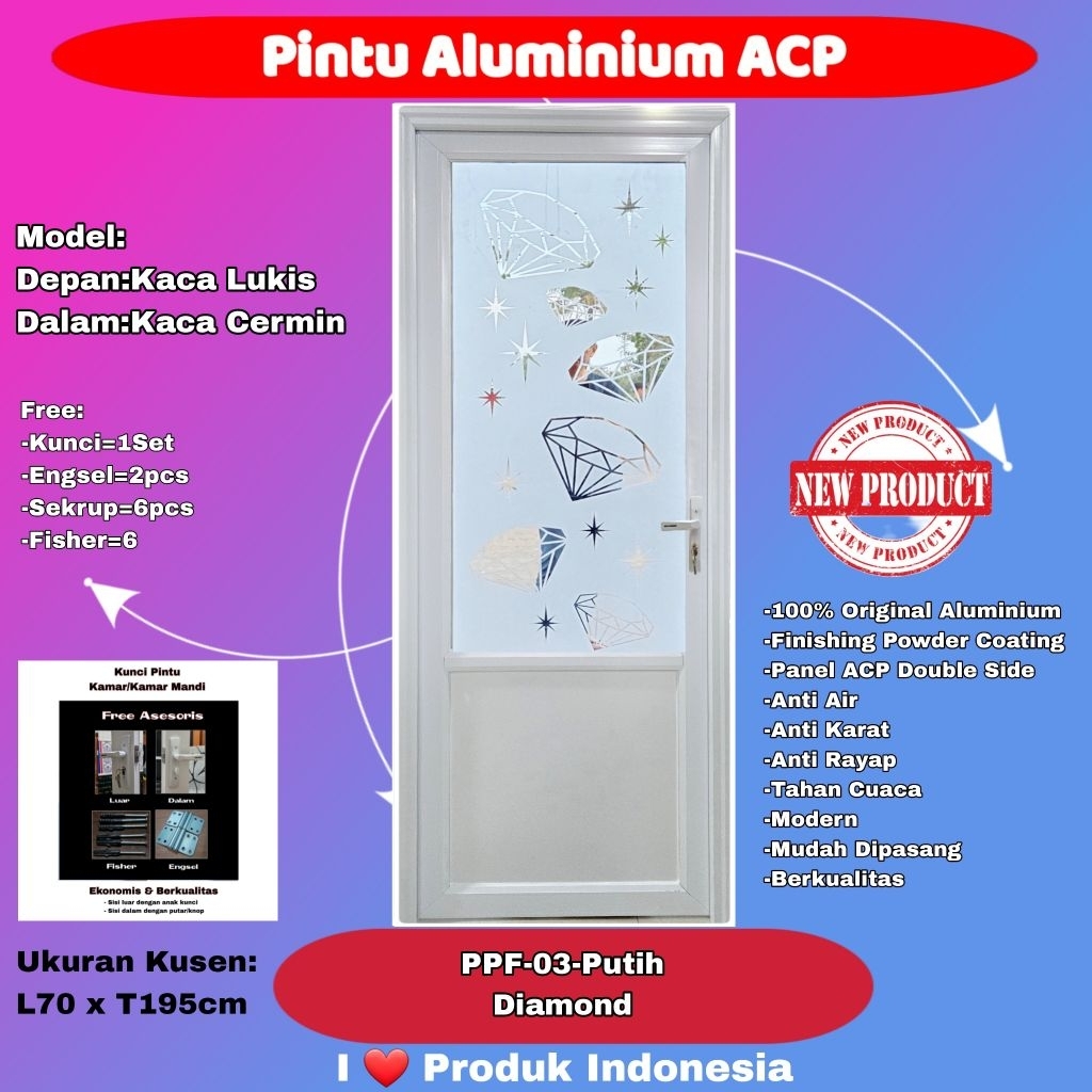 Pintu Kamar Mandi Aluminium-Happy Door-PPF 03-3/4 Kaca Lukis Diamond-Kaca Cermin Dalam-Putih