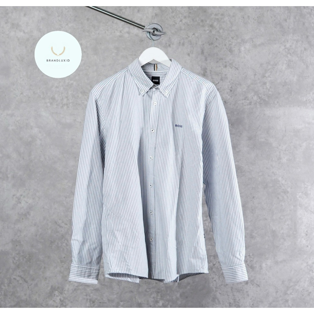 Hugo Boss Roan Stripe Text Pocket Cream & Grey Long Sleeve Shirt in White