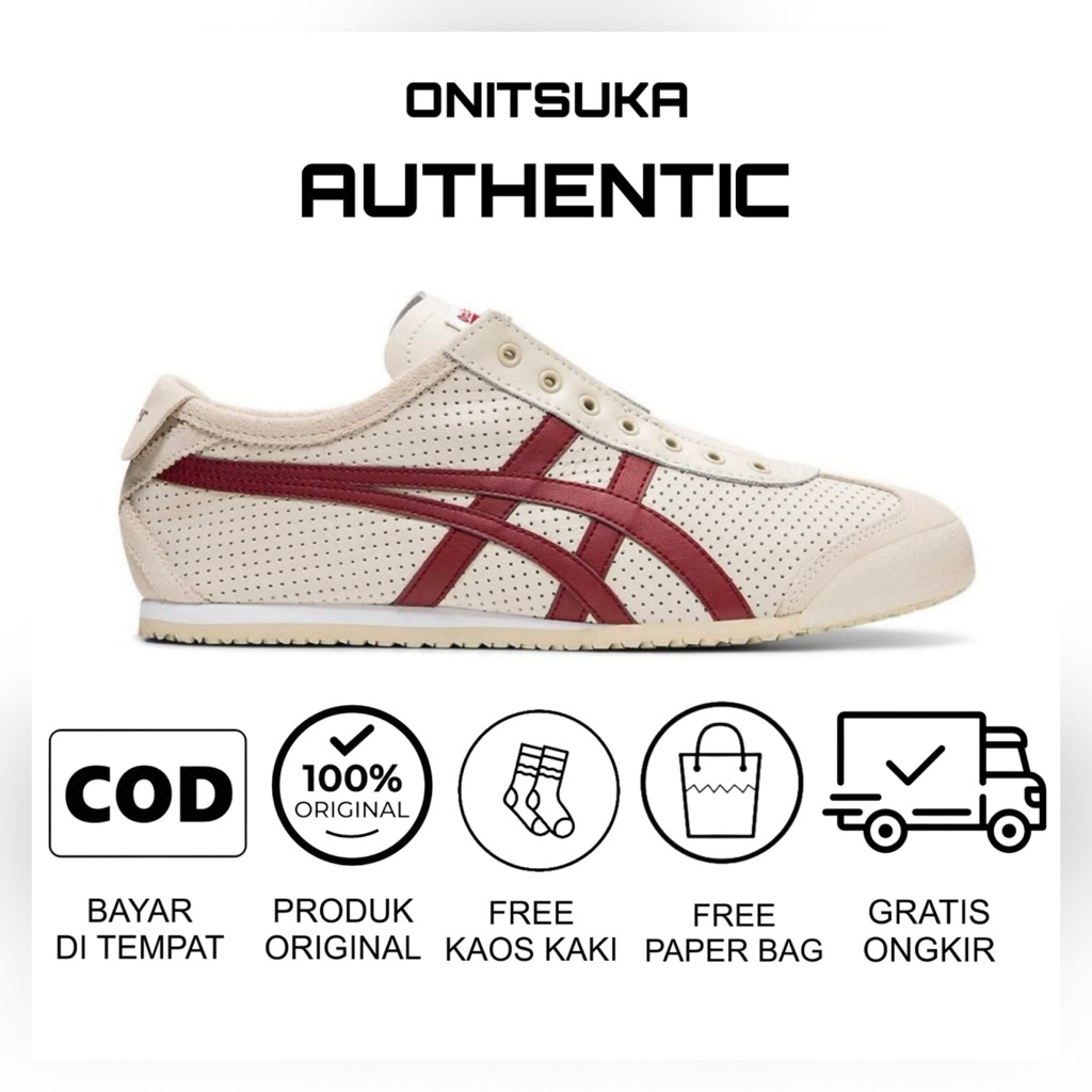 sepatu onitsuka slip on leather cream maroon / sepatu wanita/ sepatu pria/ sepatu sneakers