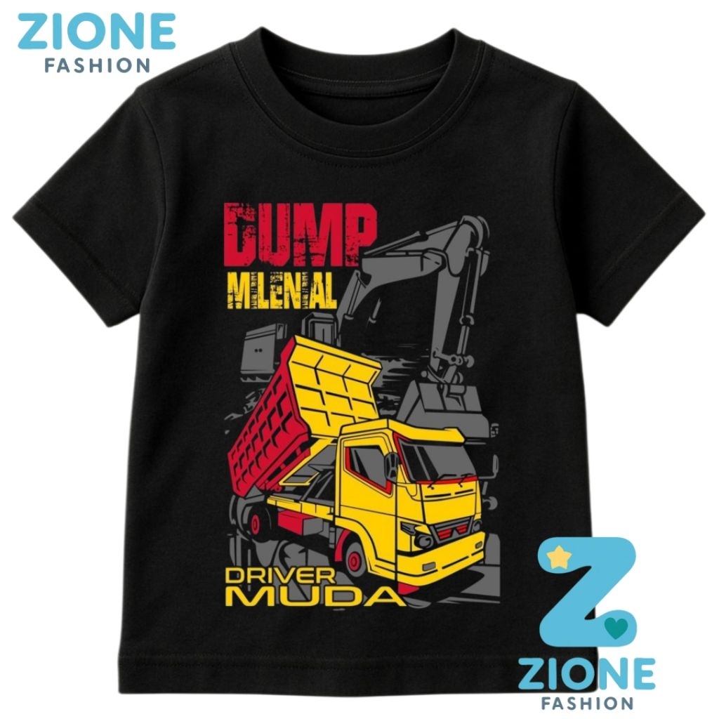 Kaos Anak Dump Truck Milenial – Baju Anak Laki Motif Truk Konstruksi Driver Muda Hitam Katun Adem