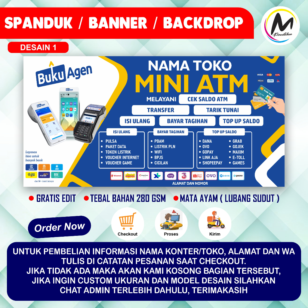 Spanduk Konter Mini ATM Spanduk  Buku agen Toko Pembayaran Tebal Bahan 280 Gsm