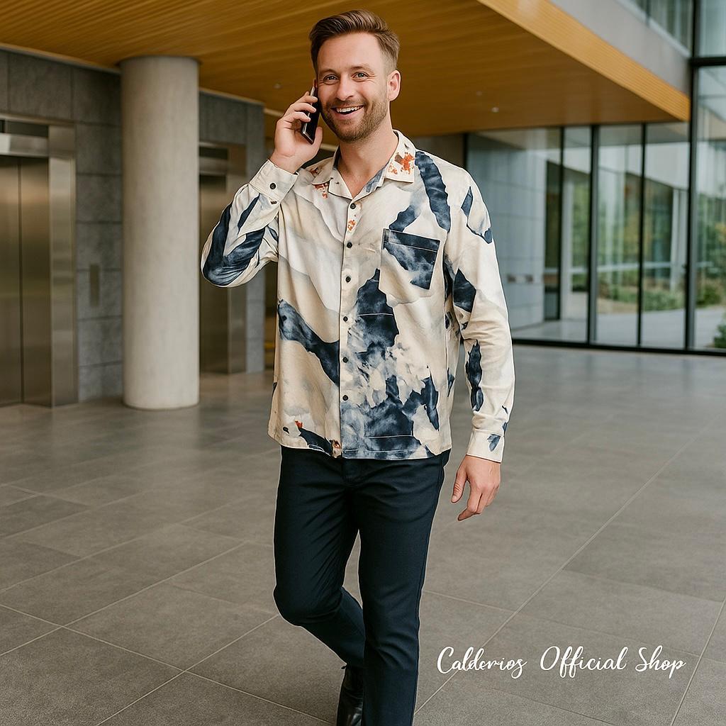Calderioz - Kemeja Hawai Premium Marble Lengan Panjang Pria Wanita Formal And Casual