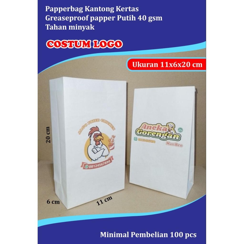 

50 pcs KANTONG KERTAS / PAPPERBAG Greasseproof papper Tahan minyak COSTUM LOGO CHICKEN, GEPREK, SEMPOL, GORENGAN DLL Ukuran 11x6x20 cm