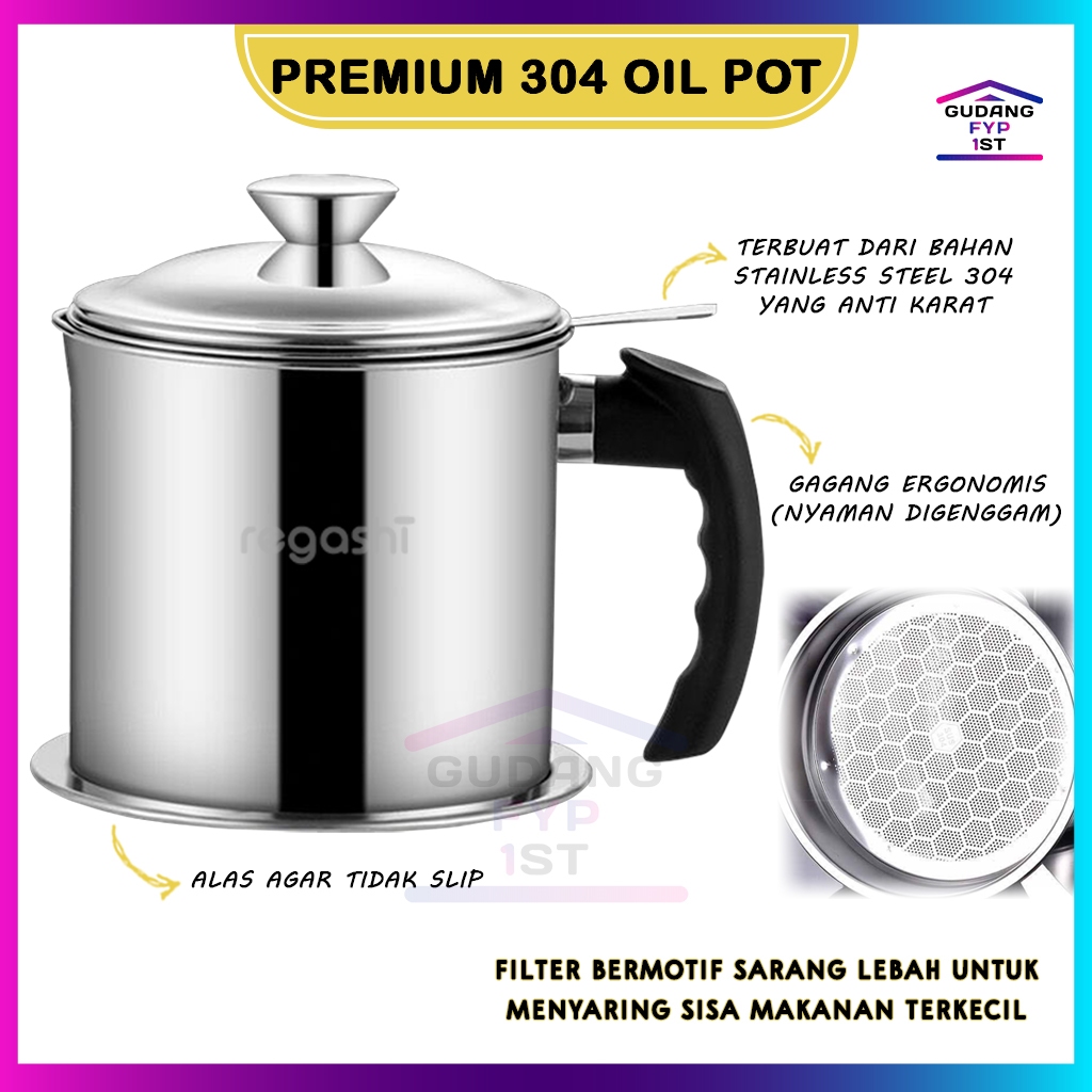 Regashi Premium 304 Oil Pot | Wadah Saringan Minyak Goreng | Kitchen Oil Pot Honeycomb Style | Tempa