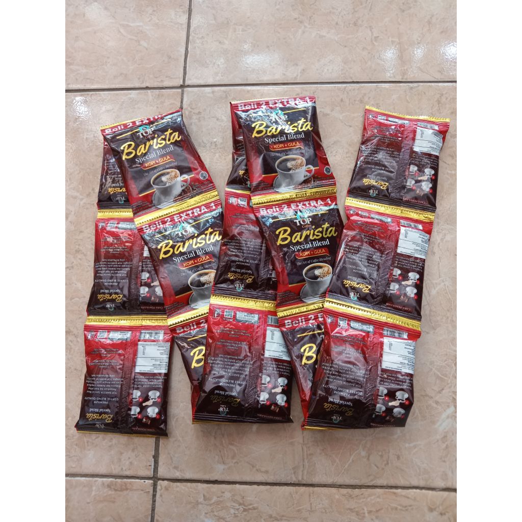 

TOP COFFE BARISTA SPECIAL BLEND KOPI + GULA 1 RENCENG ISI 15 PCS
