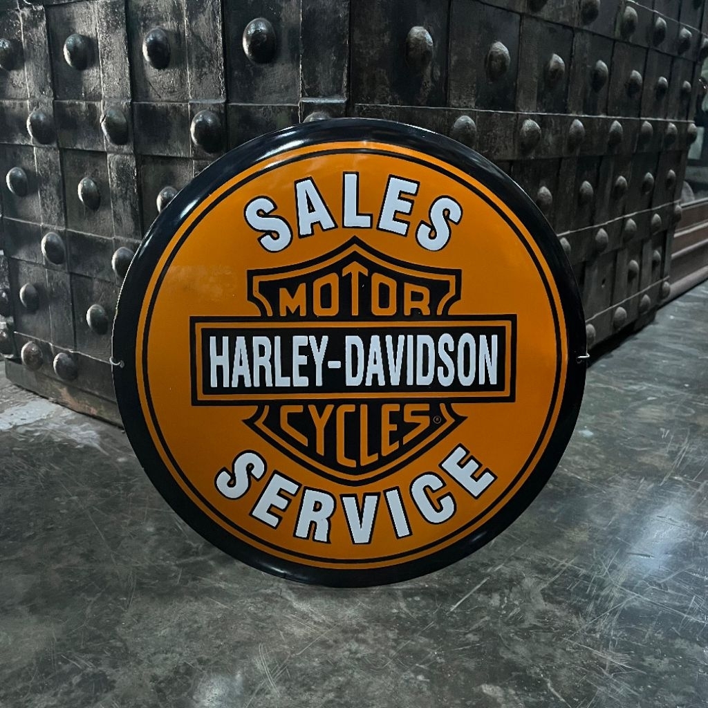 Papan Iklan Enamel Bulat Harley Davidson Sales Service Lawas Jadul Tua