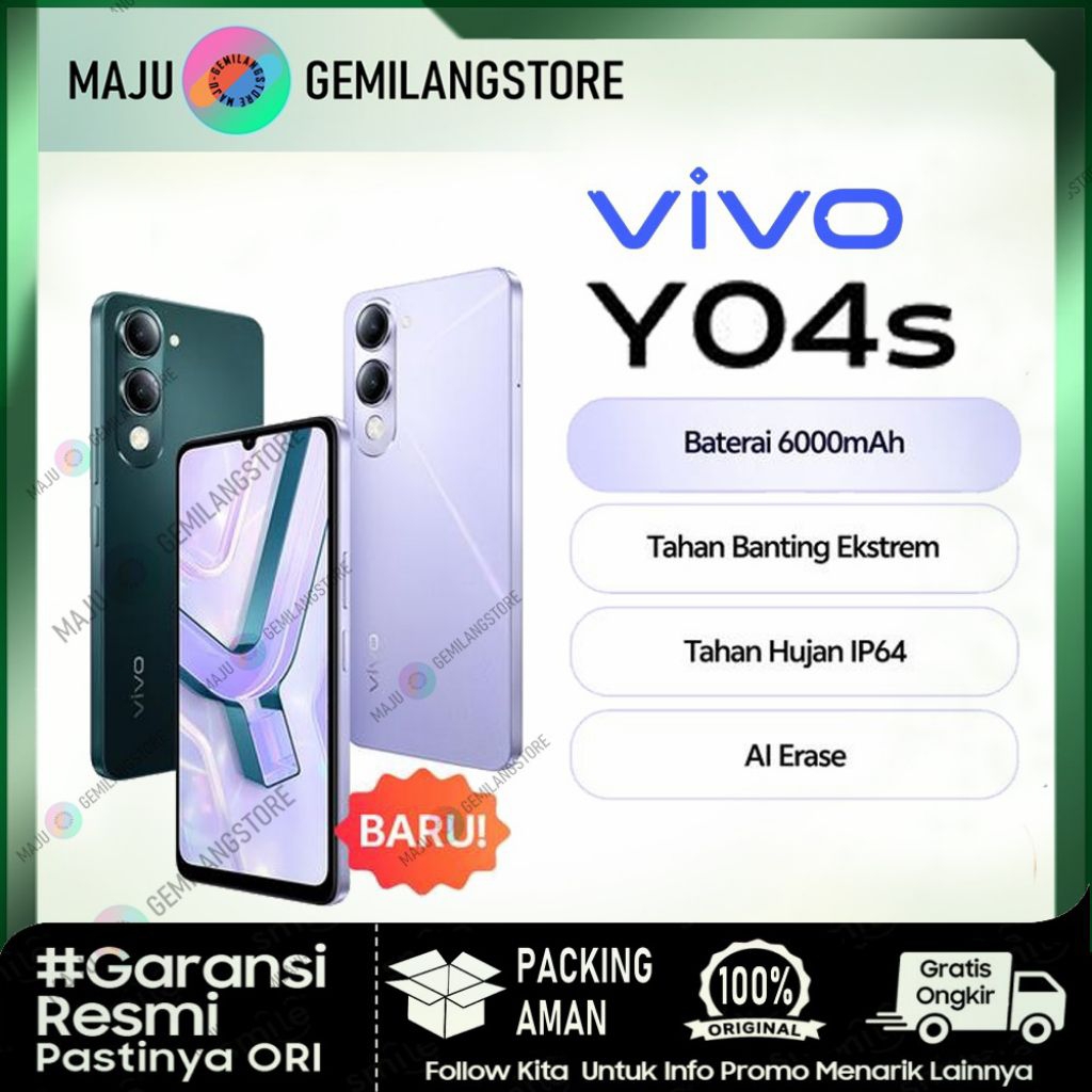 Vivo Y04s Ram [4+64]|IP64 Funtouch OS 14 Android 14|15W FlashCharge|6,74 inch LCD 60Hz/90Hz|Garansi 