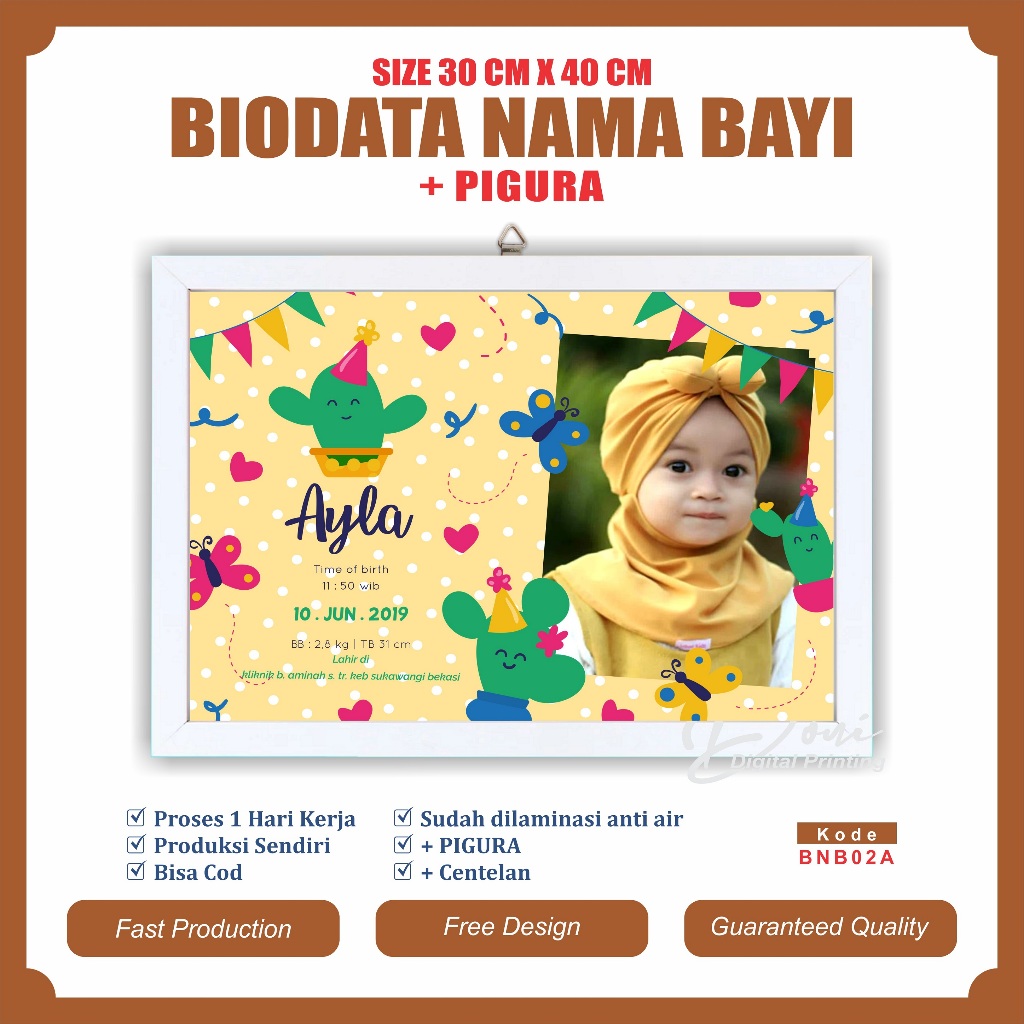 Biodata Kelahiran Bayi + Pigura Ukuran Jumbo 12 R 30 cm x 40 cm BNB02