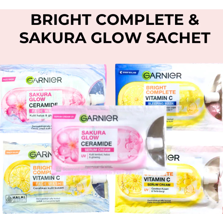 GARNIER SACHET SERIES BIRGHT COMPLETE | SAKURA GLOW | SERUM CREAM / FACE WASH / SLEEPING MASK PELEMB