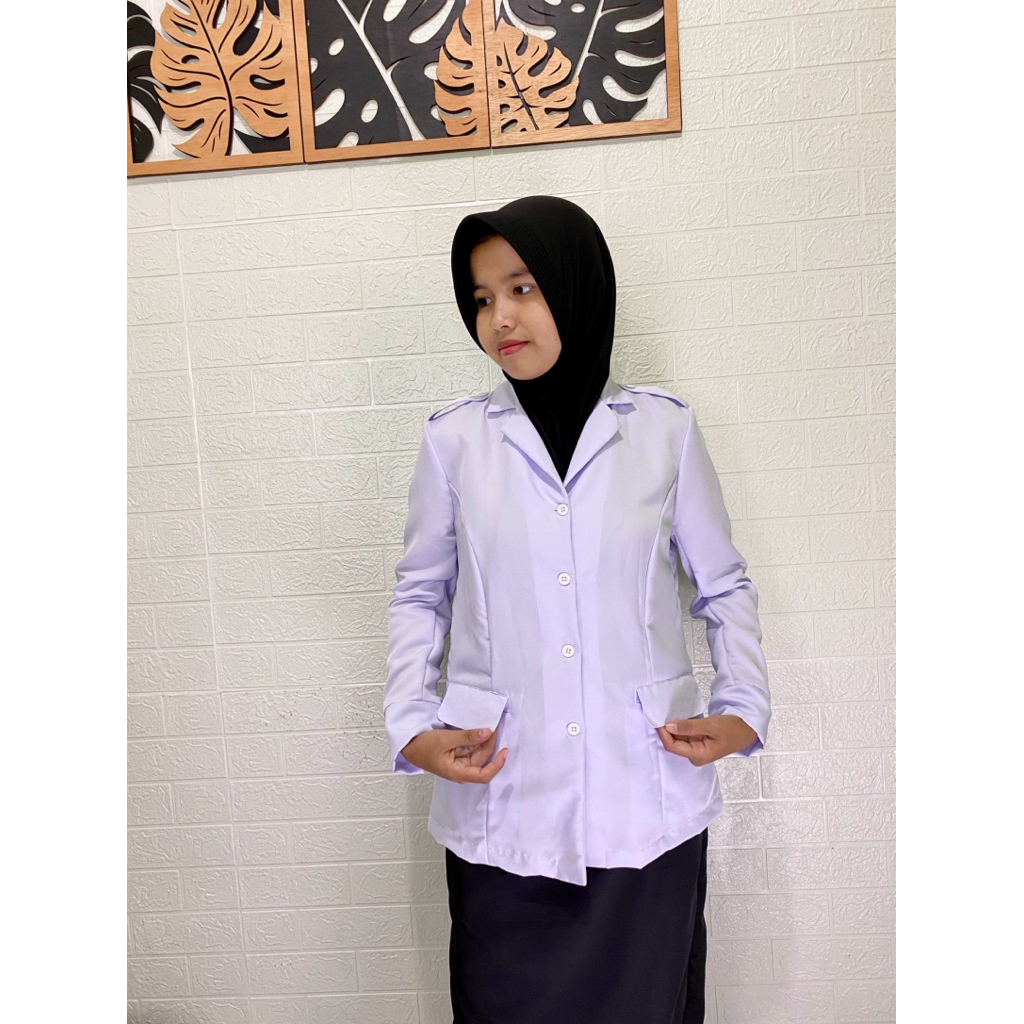 Atasan PDH Putih Wanita / Seragam Kerja Blazer Wanita / Atasan Saku Bawah Putih Baju Guru Wanita Mod