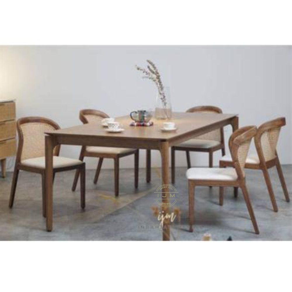 Set Meja Makan Kursi Makan Minimalis Terbaru Kombinasi Rotan 6 Dudukan Kayu Jati Asli