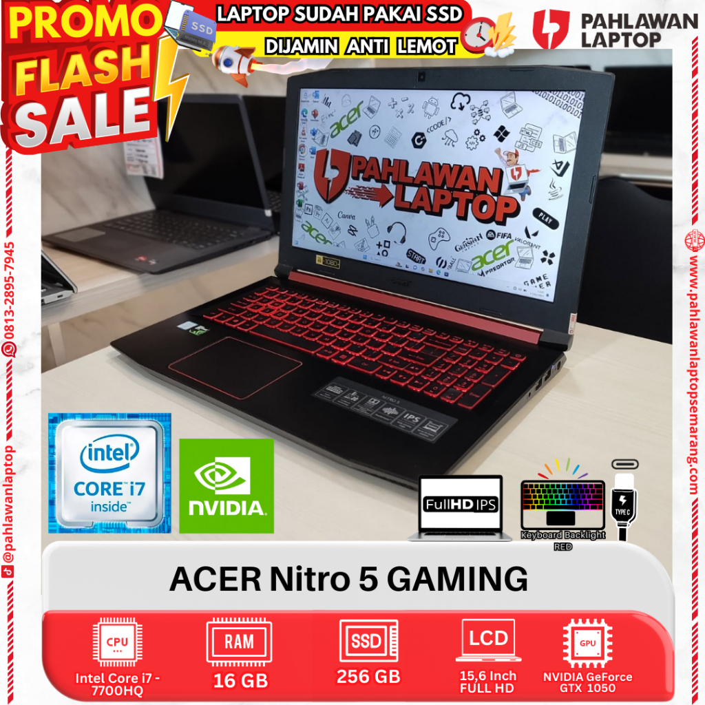 LAPTOP GAMING ACER NITRO 5 Core i7 GEN 7 RAM 16GB SSD 256GB HDD 1TB DUAL VGA