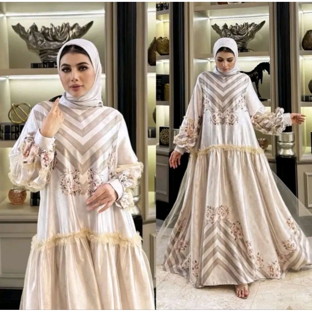 Gamis Shella Saukia Premium Ori – Motif Bunga Cantik Adem Nyaman untuk Pengajian & Lebaran