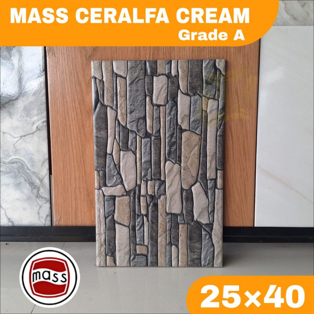 Keramik dinding murah 25×40 MASS Ceralfa cream motif batu alam kasar keramik dinding teras, kamar ma