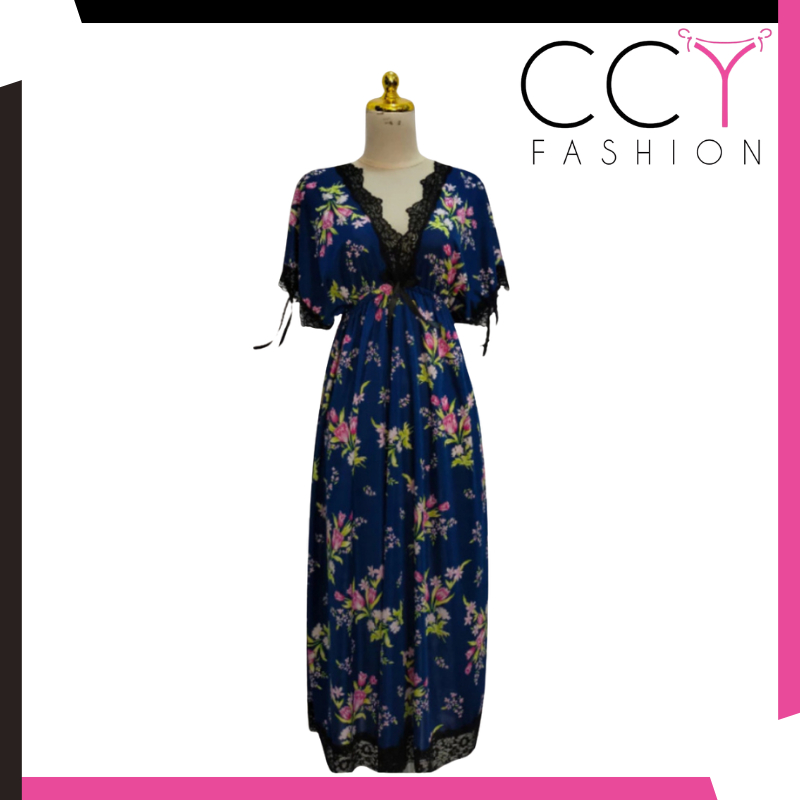 CCY FASHION Dress Panjang Wanita Motif Bunga Baju Tidur Daster Lingerie Bahan Satin
