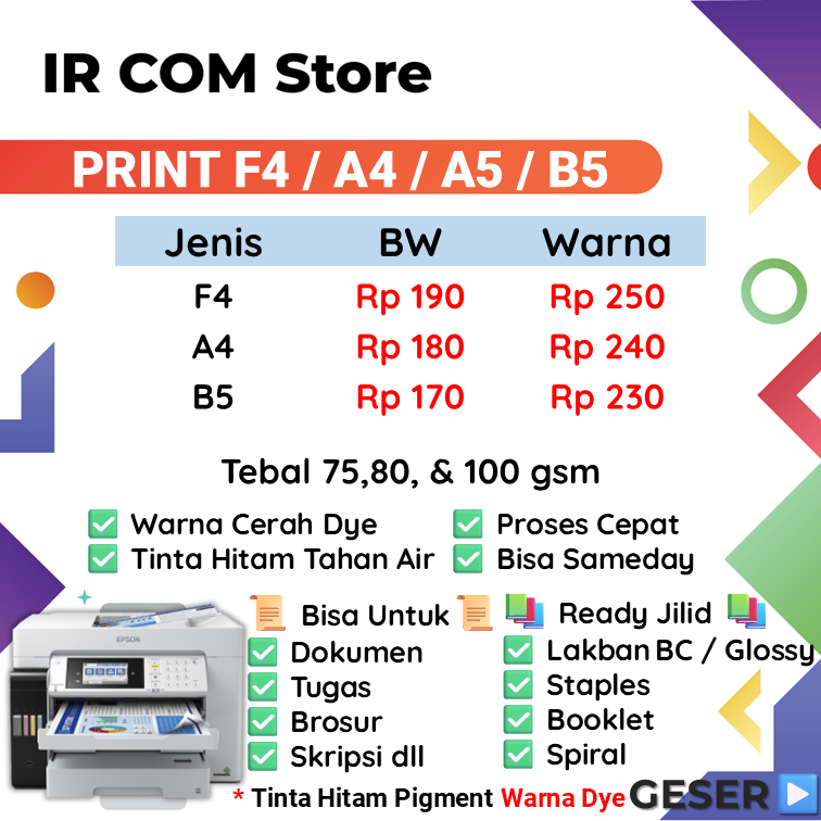 

Print A4 / F4 / B5 75, 80, dan 100 gsm Murah 1 Hari jadi siap kirim Tugas/Skripsi/Brosur/Buku