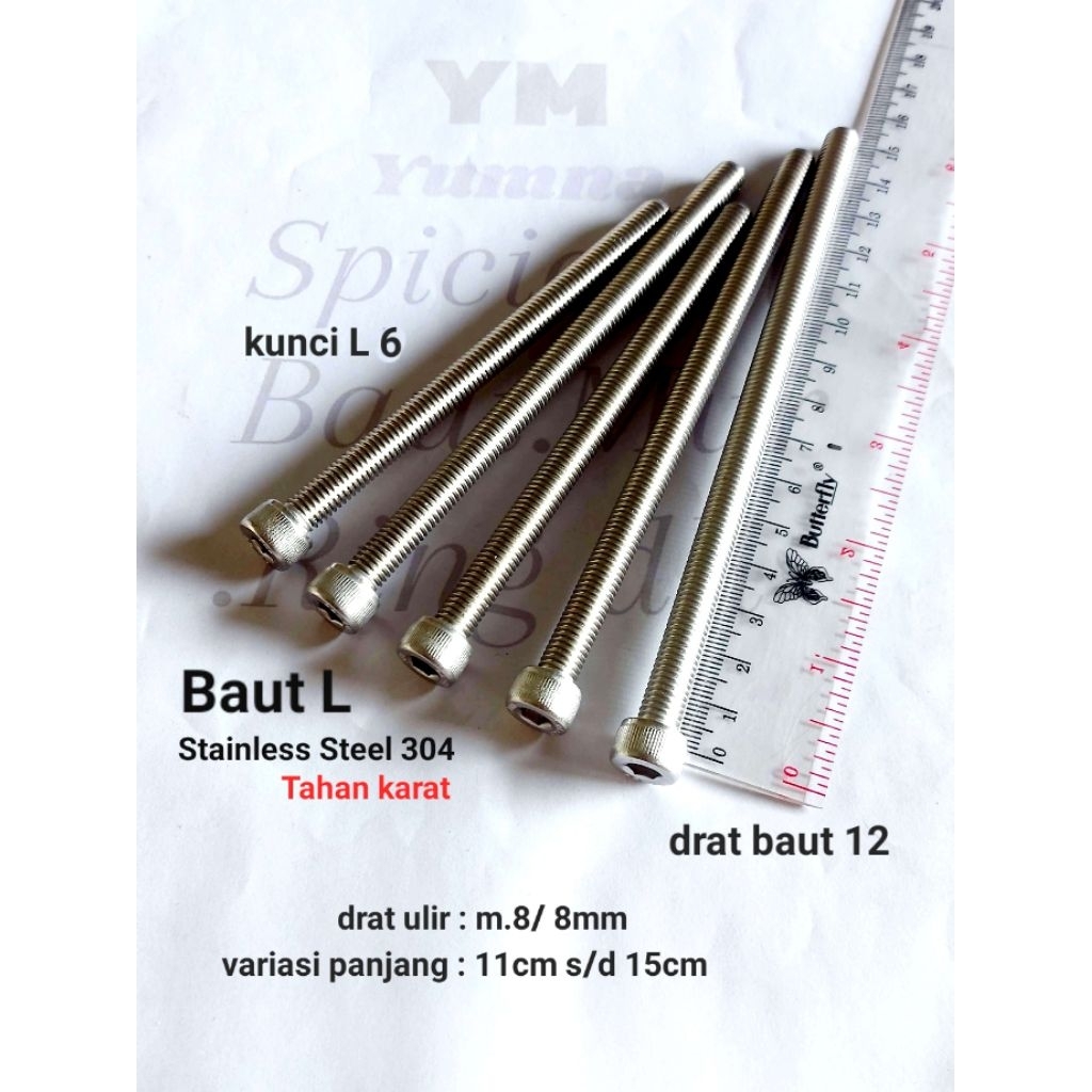 Baut L Stainless 304 / DRAT BAUT 12 / M.8 ( Panjang 11cm-12cm-13cm-14cm-15cm ) P.1,25