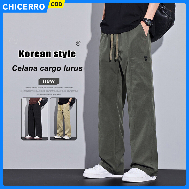 Celana Panjang Pria Cargo Korea Celana Gombrang Fashion Celana Outdoor Pria Oversize Celana Panjang