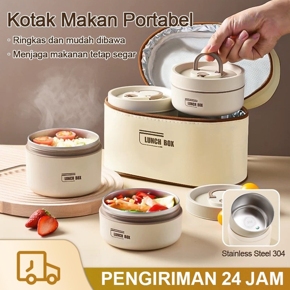 Lunch Box Tas Set Kotak Makan Anti Tumpah 304 Stainless Steel Tas Bekal Dan Free Sumpit Kotak Makan 