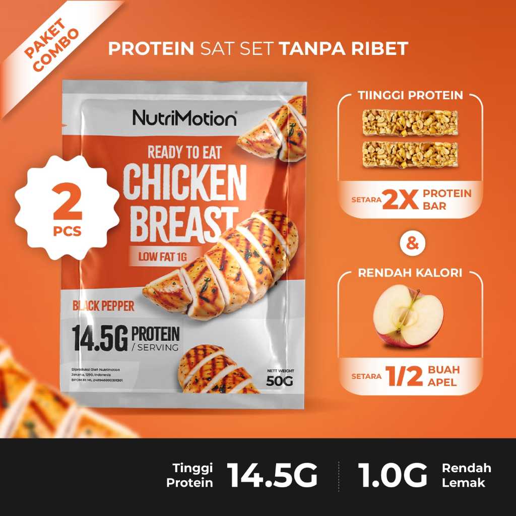 

NutriMotion Dada Ayam Tinggi Protein Ready to Eat 2 Pouch - 100 Gram | Rendah Lemak & Kalori Dengan Rasa Blackpepper Dada Ayam Fillet