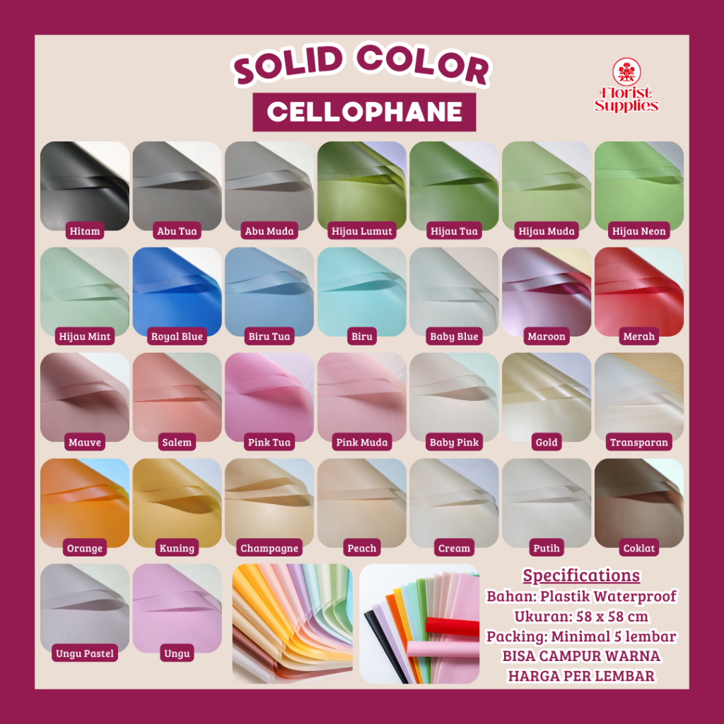 

Kertas Buket Bunga Solid Color Cellophane Full Color OPP Wrapping Paper Flower Bouquets Paper Ecer