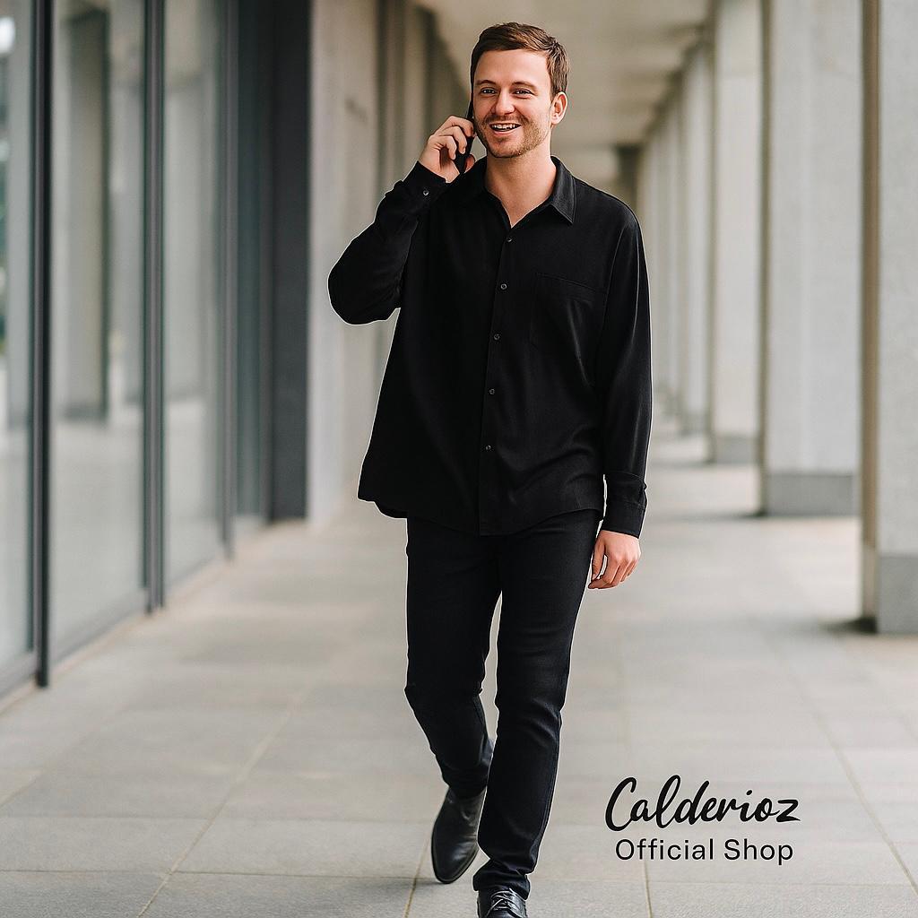 Calderioz - Kemeja Hawai Tropis Hitam Polos Lengan Panjang Baju Casual Pria Wanita Formal