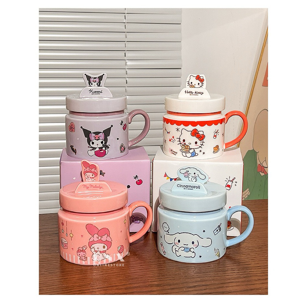 Sanrio Gelas Mug Keramik 400ml dengan Tutup & Stand HP Motif Kuromi Hello Kitty My Melody Cinnamorol