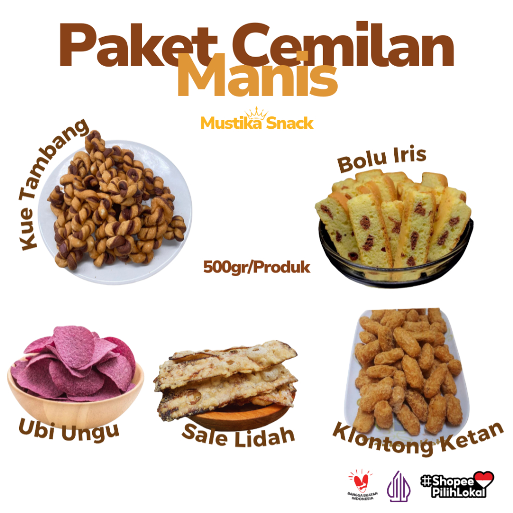 

Paket Cemilan Manis Dapat 5 Isi 500gr/Produk Kue Tambang Bolu Iris Sale Lidah Ubi Ungu Kelontong Ketan