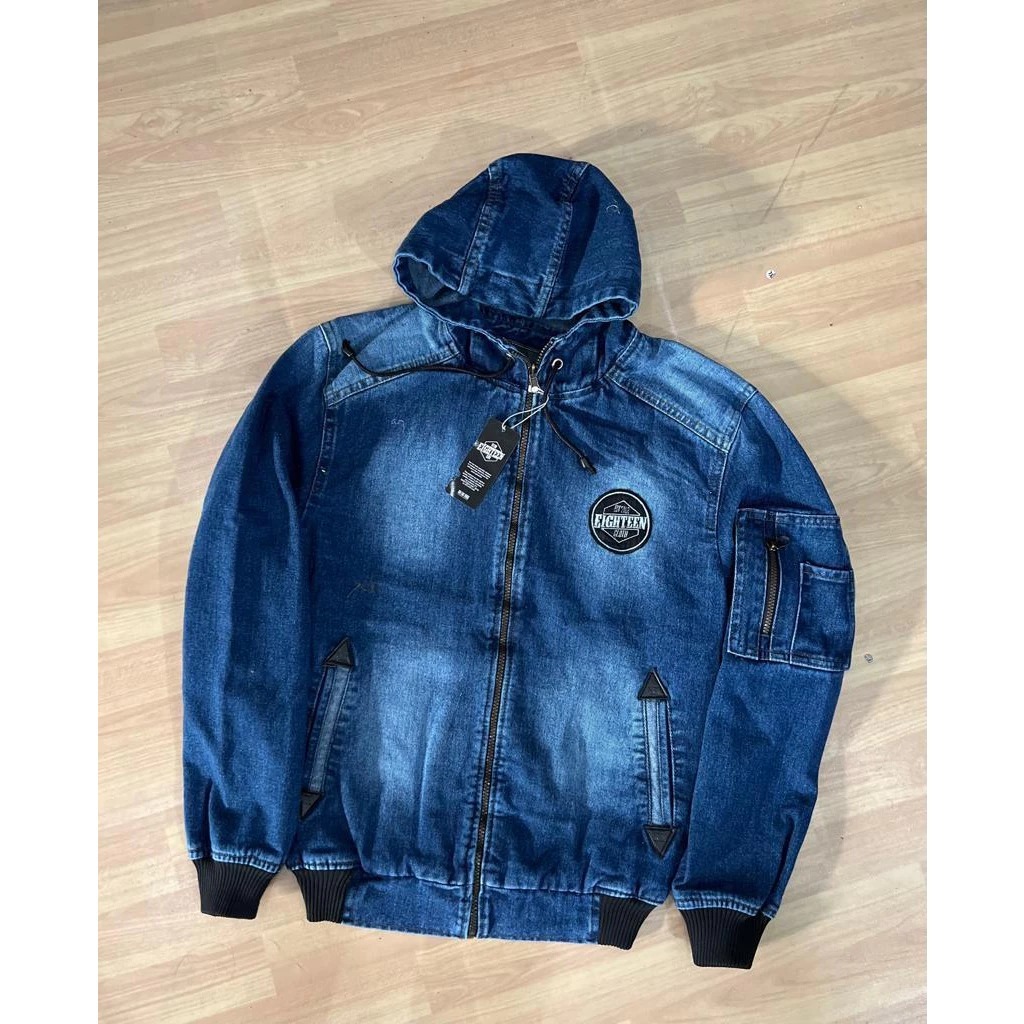 Jaket Bomber Jeans Topi || Jaket Jeans Kupluk Fashion Pria Polos Simple