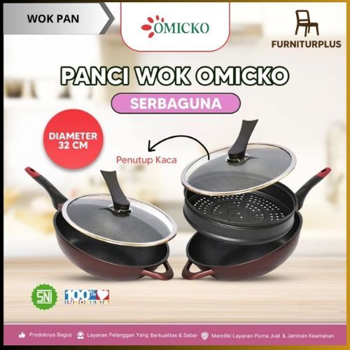 Panci Wok Serbaguna 32cm Omicko – Wajan Anti Lengket + Tutup Kaca + Kukusan